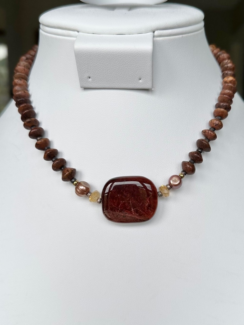 NWT Peyote Bird Free Spirit 14" Red Jasper Citrine Wood Bead Choker Necklace 925